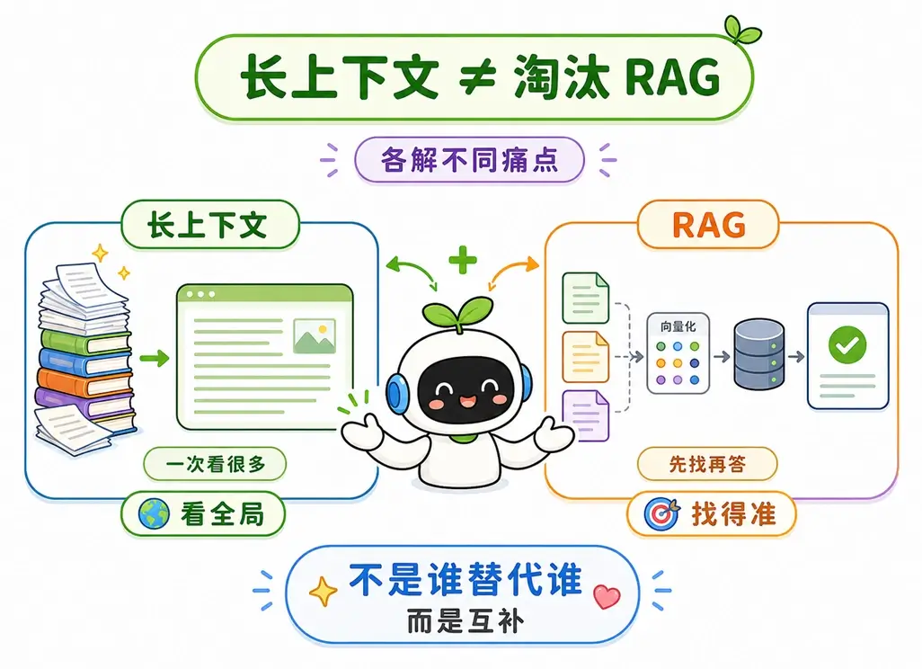 长上下文与 RAG 的互补关系图解:大模型一次性阅读全局长文档与 RAG 向量化精准查找各自解决不同的业务痛点