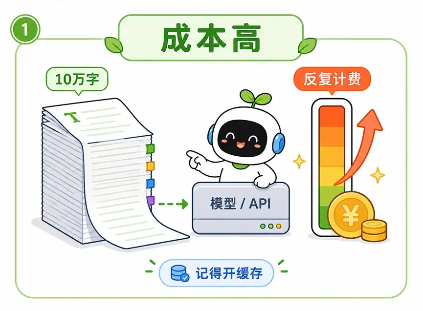超长上下文窗口的缺点:每次对话反复处理海量 Token 导致 API 计费成本极高