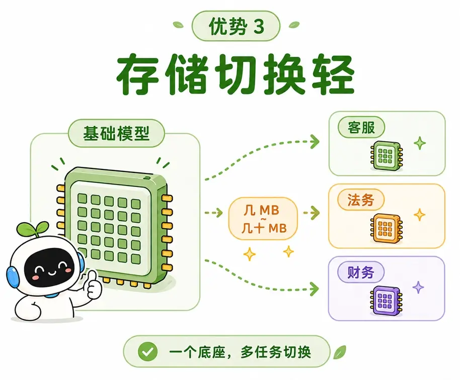 LoRA 存储与多任务切换非常轻量:同一底座按需动态加载多业务外挂