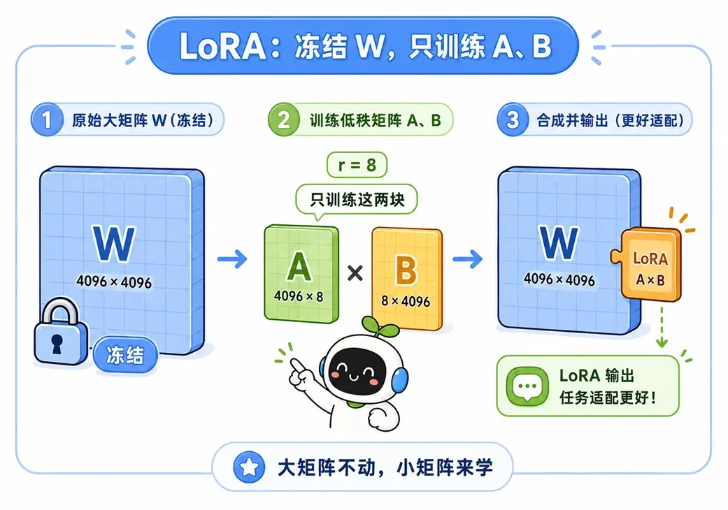 LoRA 矩阵低秩分解的底层原理:冻结大矩阵并训练小矩阵,以降低 99% 参数量