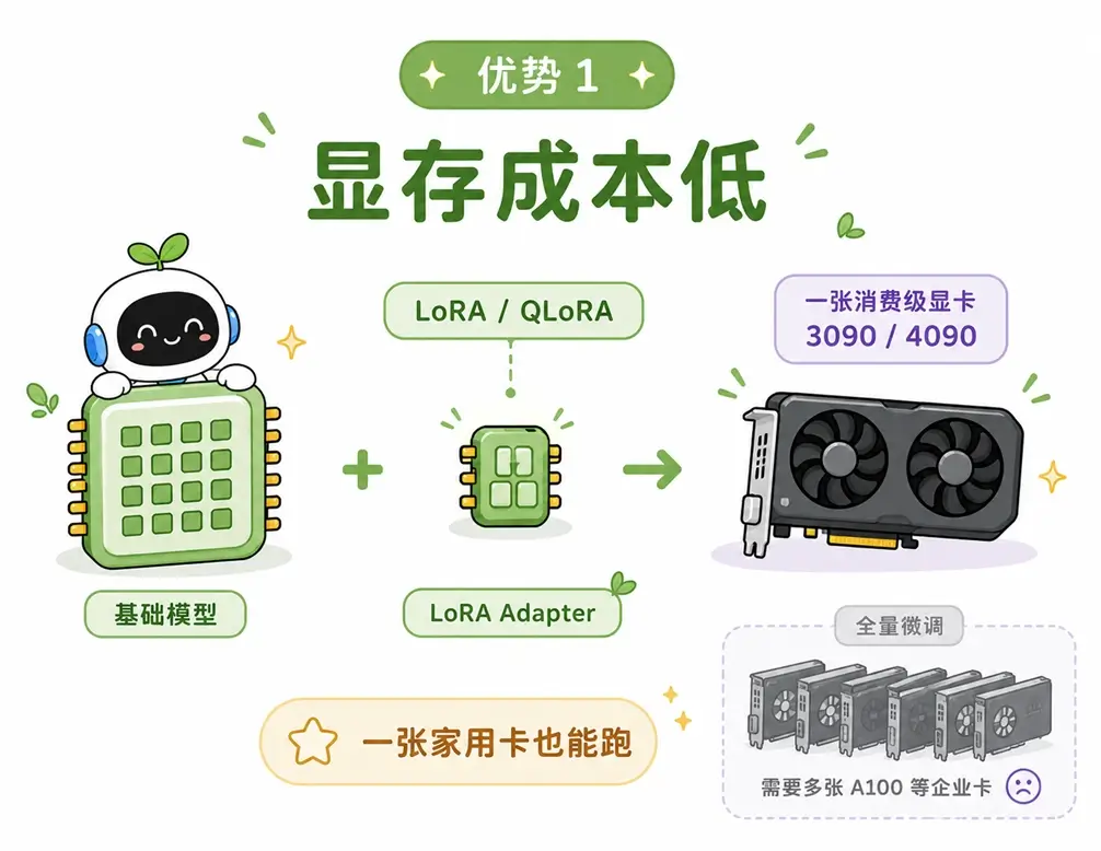 LoRA 与 QLoRA 微调的显存优势:相比全量微调,使用一张 RTX 3090 或 4090 消费级显卡即可运行