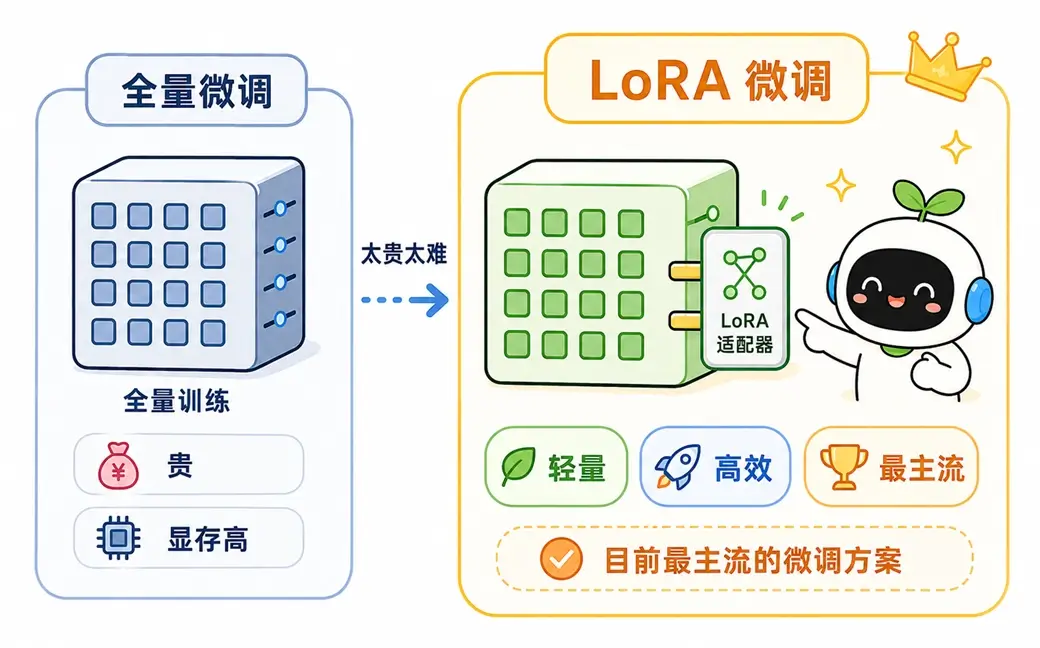 全量微调与 LoRA 微调的对比图解:全量训练成本高昂,而采用外挂适配器的 LoRA 微调轻量高效,已成为目前业界最主流的微调方案