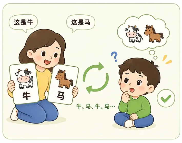 早期 AI 人工打标签训练方式:类似教人类小孩认动物卡片,效率极其低下