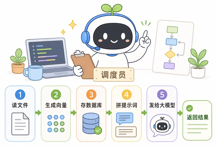 开发者的 RAG 调度员角色:使用代码串联读文件、生成向量、存数据库、拼接提示词与调用大模型