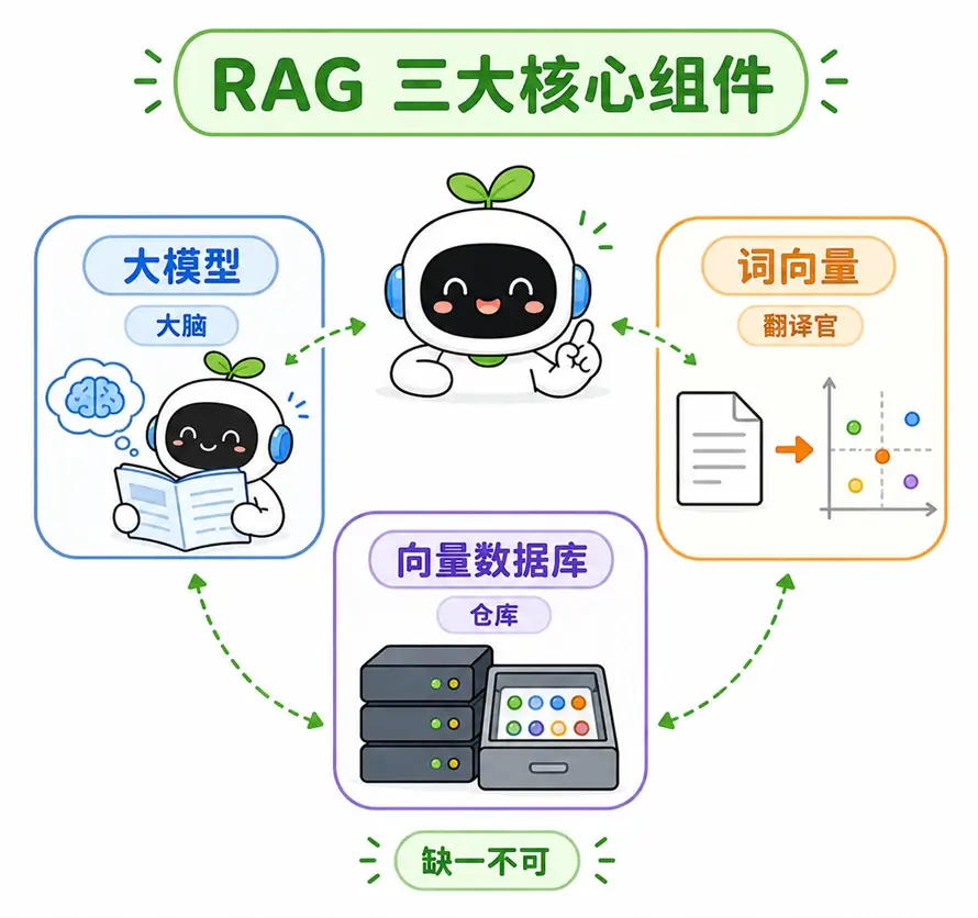RAG 架构的三大核心组件图解:负责阅读总结的大模型、负责转换的词向量与负责存储的向量数据库缺一不可