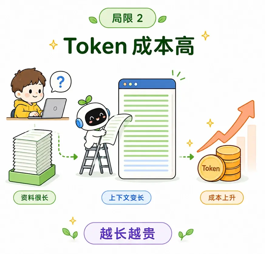 RAG 的局限性:长背景资料导致大模型上下文变长,增加 API Token 消耗成本