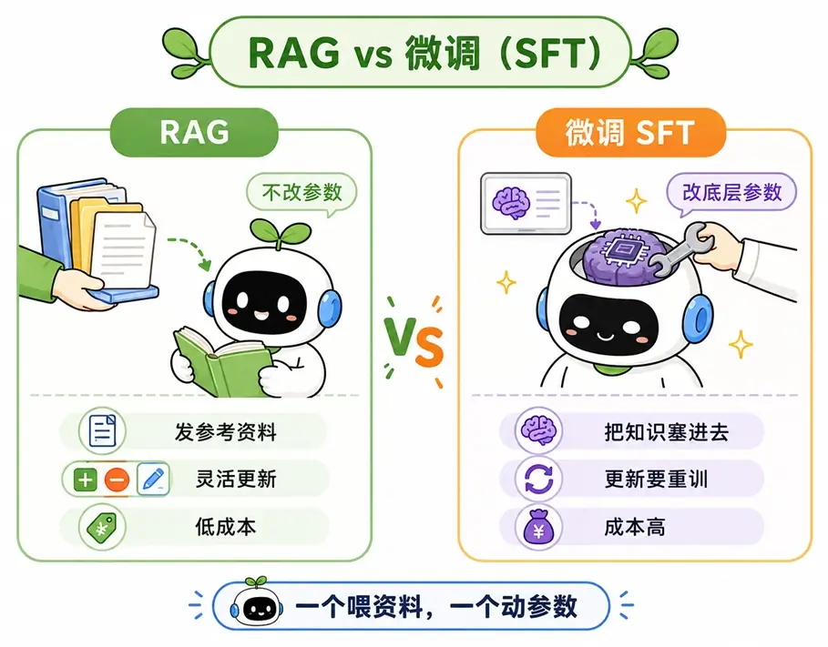 RAG(发参考资料)vs 大模型有监督微调 SFT(改底层参数)