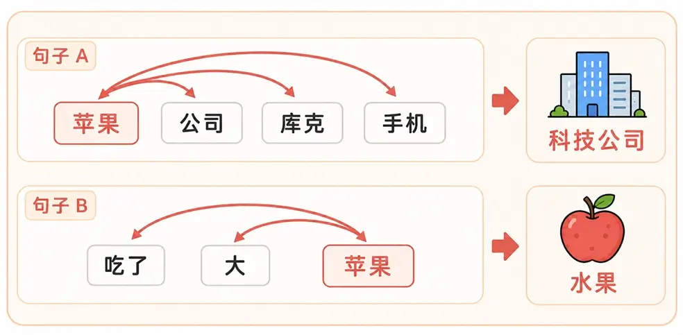 自注意力机制连线权重：根据上下文，精准区分苹果公司与水果苹果