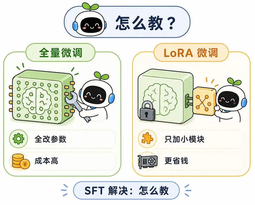 SFT、全量微调与 LoRA 的区别图解:解决 “教什么” 与 “怎么教” 的核心差异