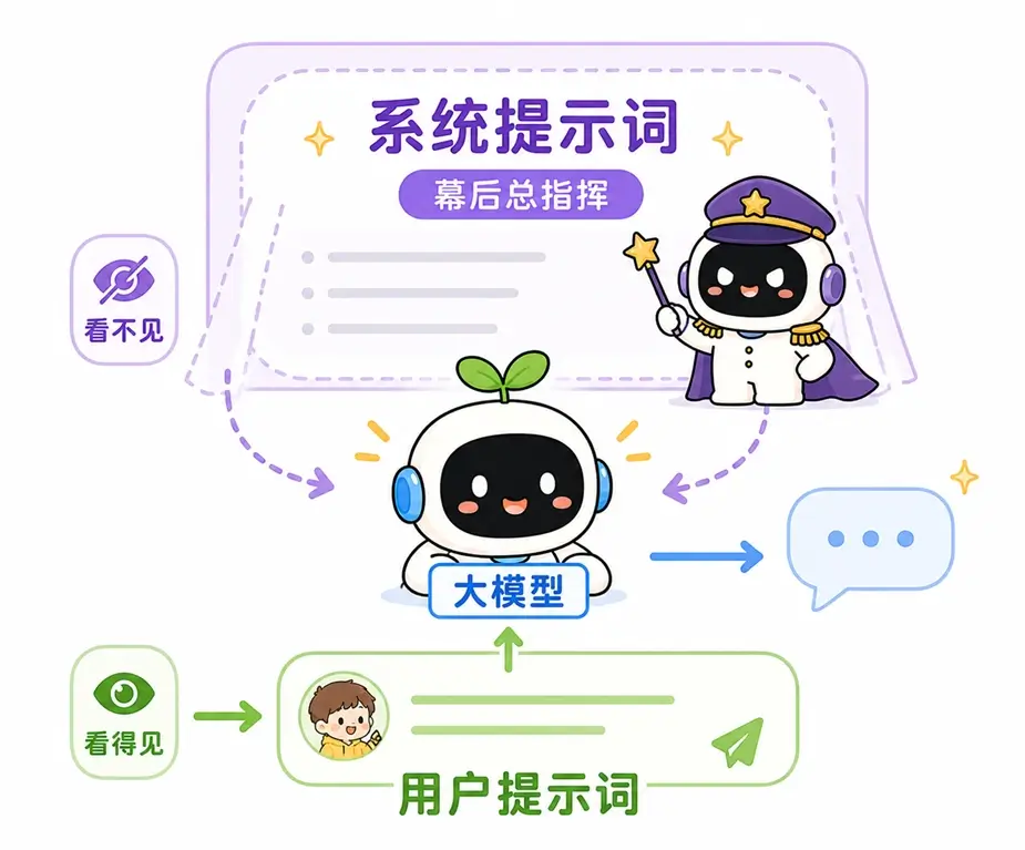 系统提示词与用户提示词的核心区别图解:系统提示词作为看不见的幕后总指挥全局控制大模型,而用户提示词则是日常聊天中可见的具体提问