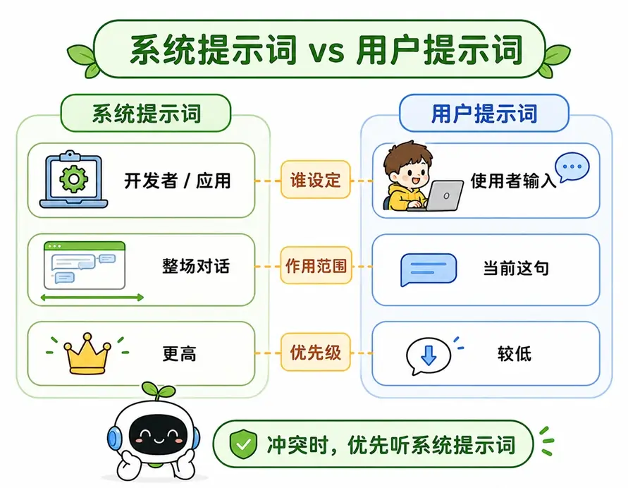 系统提示词与用户提示词的区别对比:谁来设定、作用范围与优先级差异