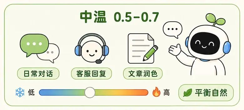 中等 Temperature 参数(0.5-0.7)应用场景:平衡自然的日常对话、客服回复与文章润色