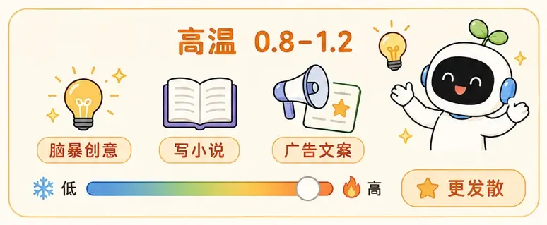 高 Temperature 参数(0.8-1.2)应用场景:发散思维的脑暴创意、写小说与广告文案