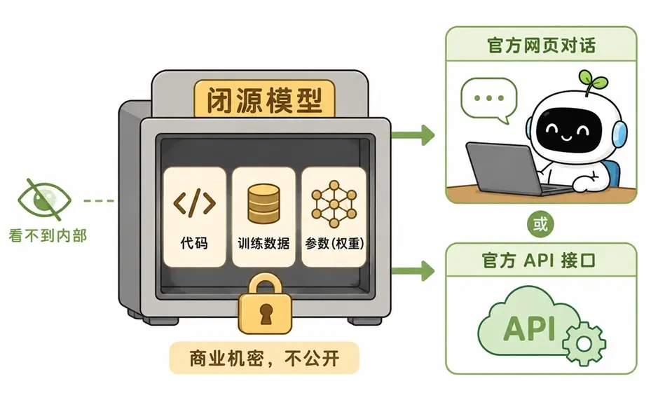 什么是闭源大模型?不公开代码与训练数据的商业机密图解