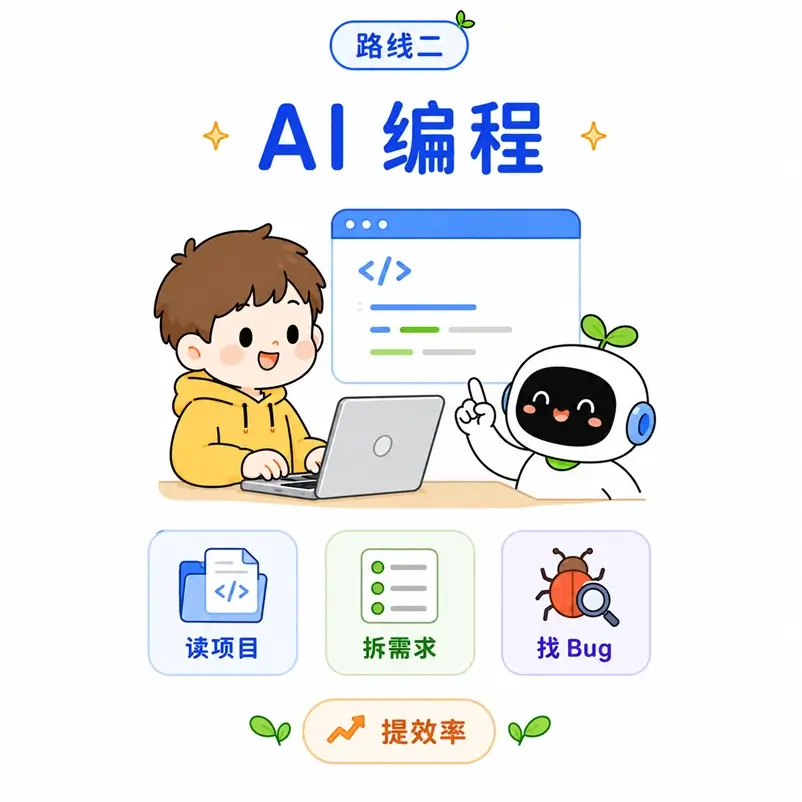 进阶路线二:面向程序员与独立开发者,利用 AI 辅助阅读项目、拆解需求与排查 Bug 的编程路线。
