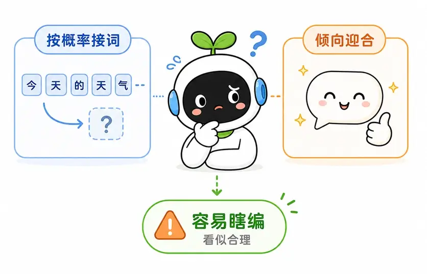 大模型产生幻觉的主要原因：基于概率的词语接龙机制以及倾向于迎合用户的讨好型人格。