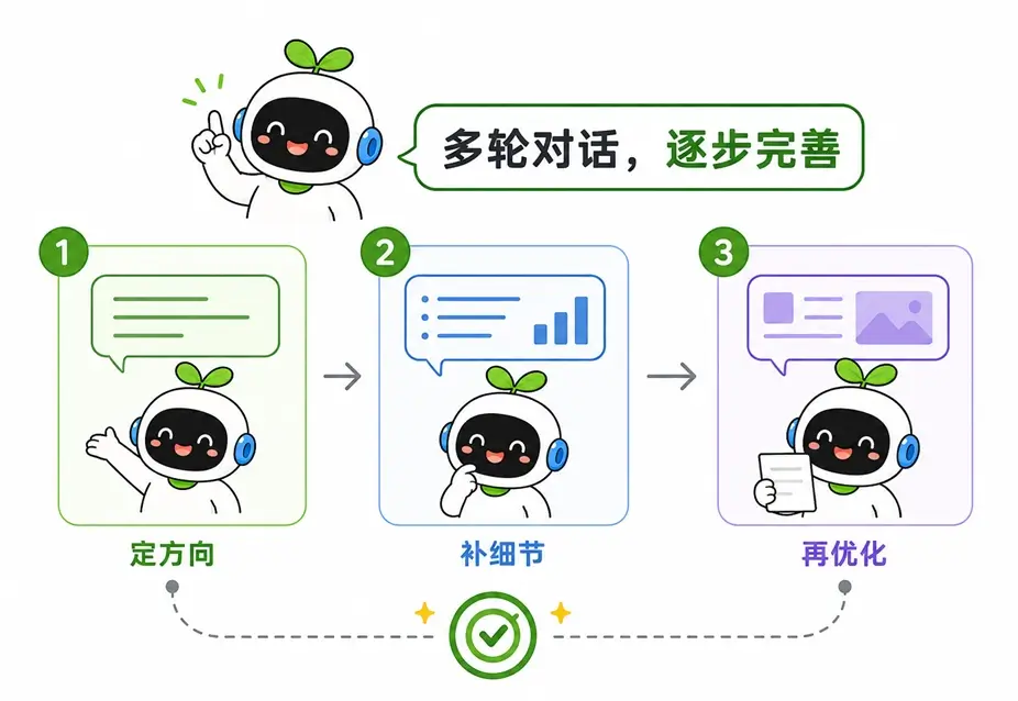 AI多轮对话逐步完善任务的三个步骤:定方向、补细节、再优化