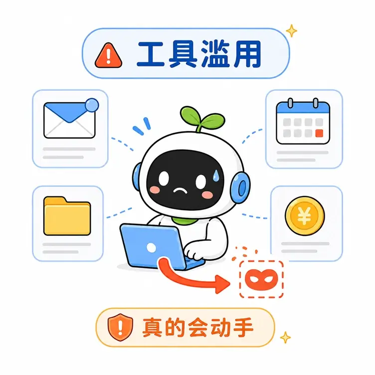 提示词注入的危害之四:当 AI 拥有外部工具调用权限时,可能被诱导执行发送邮件、删除数据或支付等高危操作。