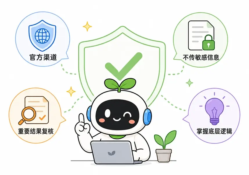 使用 AI 工具的四个提醒：使用官方渠道、不传敏感信息、复核重要结果以及掌握底层逻辑