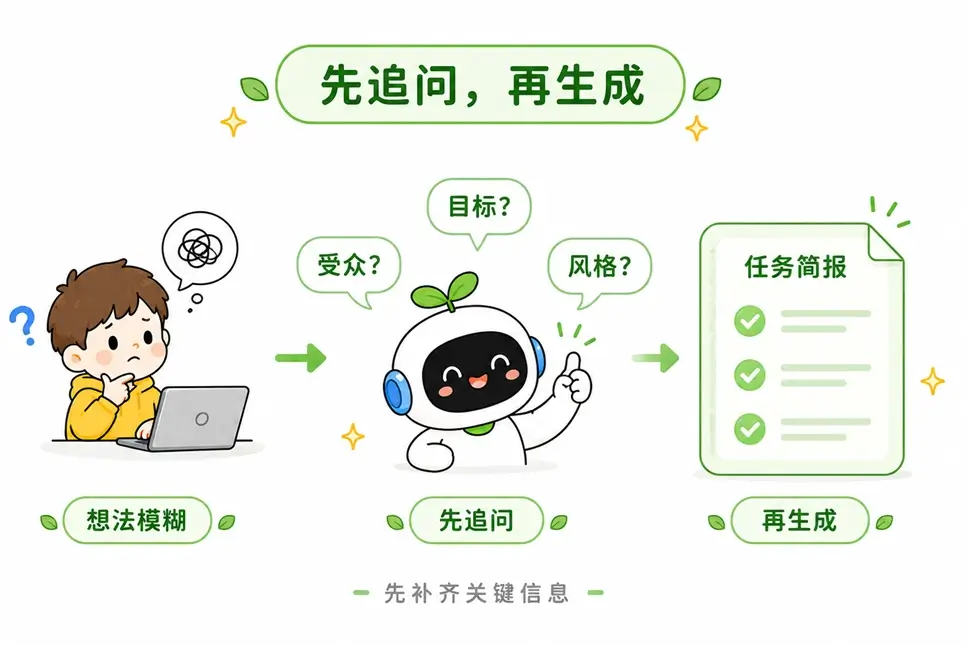 提示词生成的核心技巧:不要让 AI 在需求模糊时直接生成,而是让其先追问补充关键信息后再输出。