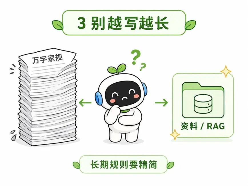 避免系统提示词篇幅过长并建议结合外挂知识库的避坑指南图