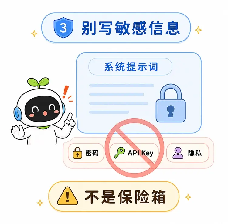 防范注入方法之三:切勿将密码、API Key 或隐私数据写进系统提示词中,以防被 AI 顺嘴泄露。