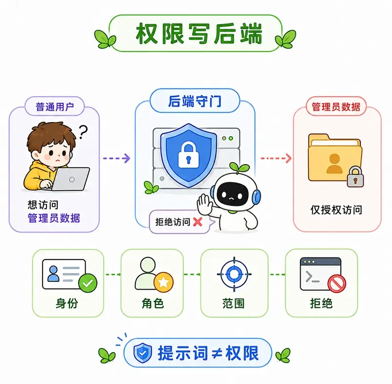 防范泄露方法三：真正的用户身份验证和数据访问权限控制必须由后端程序执行，不能依赖提示词。