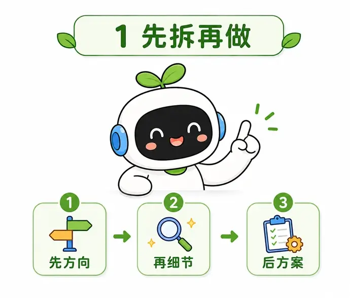 拆解复杂AI任务的执行步骤:先确认方向,再逐步补充细节与方案