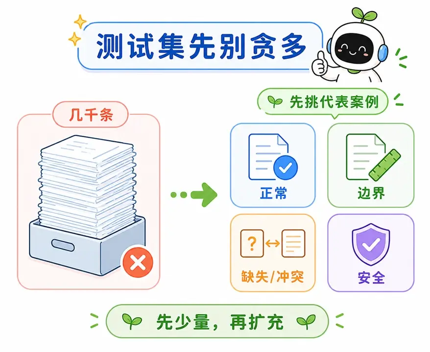建立提示词测试集不应盲目追求数量，建议先挑选具有代表性的少量核心案例进行测试。