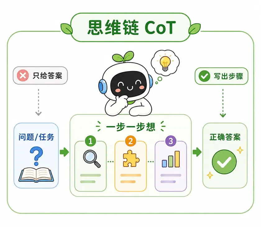 思维链的核心概念:让 AI 一步步写出推导过程而不是直接给出结论。