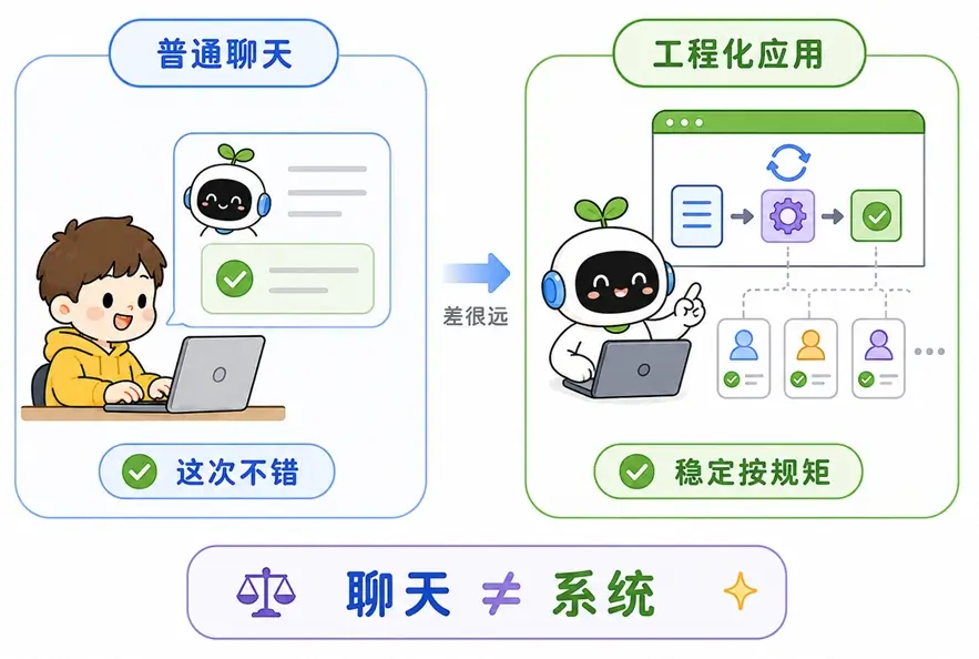 普通聊天与工程化应用的区别：工程化应用要求能在复杂场景下稳定按规矩输出