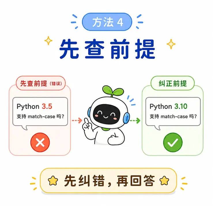 防幻觉方法四：在处理专业问题时，要求 AI 先检查并纠正用户问题中的错误前提，再进行后续回答。