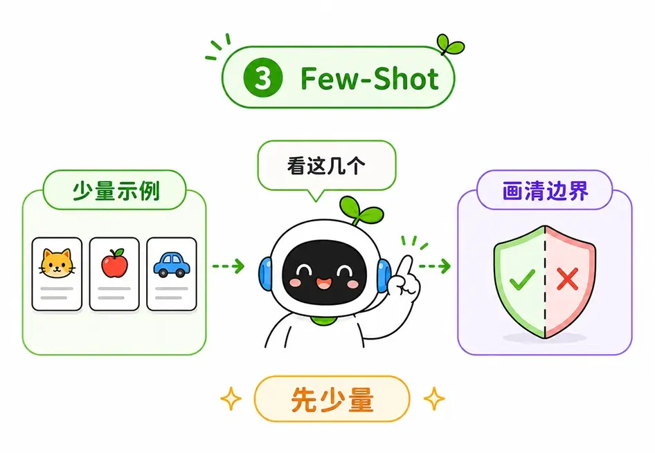 任务规则复杂或容易产生误解时,适合使用少样本提示来画清边界