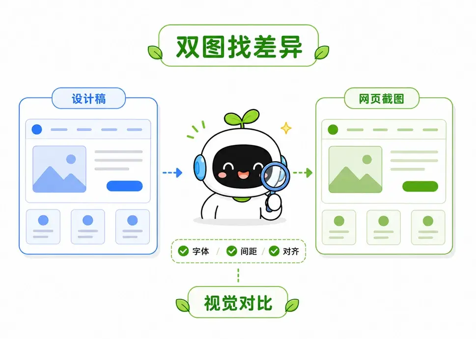 多模态提示词场景二:对比 UI 设计稿与实际网页截图,找出字体、间距和对齐等视觉差异。