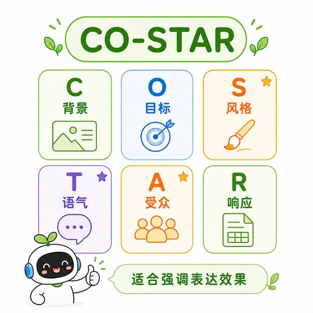 CO-STAR 提示词框架的六个组成部分：背景、目标、风格、语气、受众和响应格式