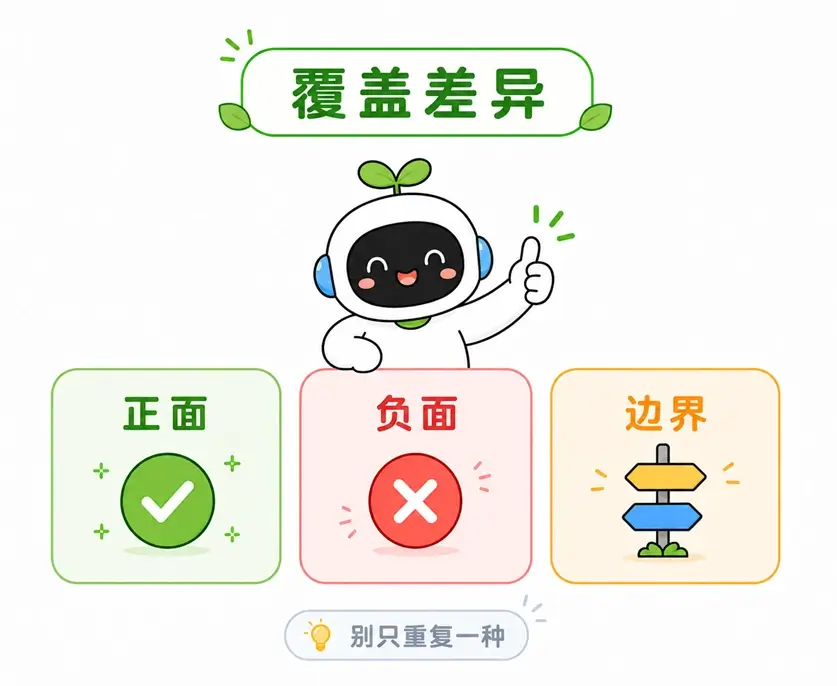 示例设计应覆盖正面、负面和边界等不同情况,避免单一重复