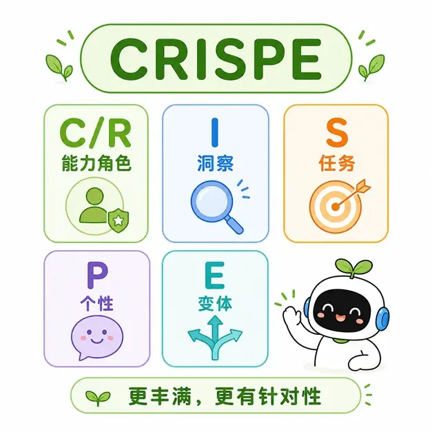 CRISPE 提示词框架的五个组成部分：能力角色、洞察、任务、个性和变体