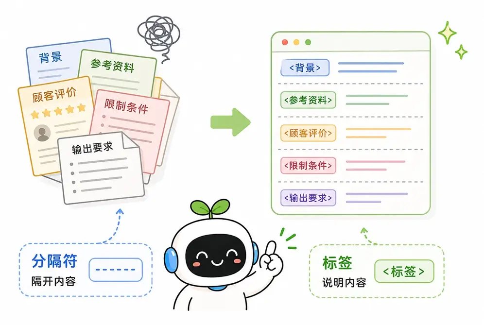 AI提示词中使用分隔符与标签整理复杂信息的概念示意图