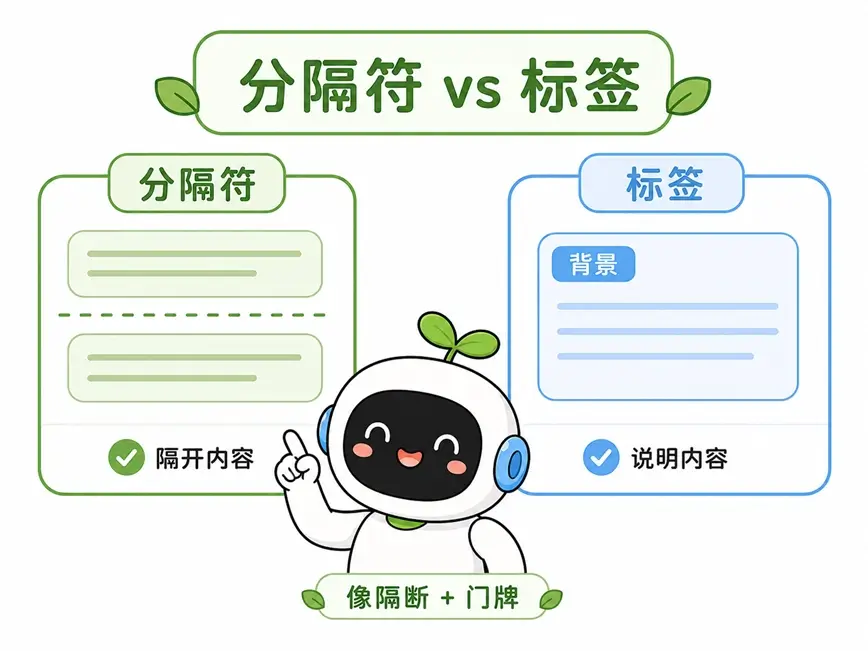分隔符与标签在AI提示词中分别负责隔开内容与说明内容的作用对比图