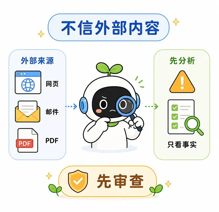 防范注入方法之二:默认不信任来自网页或邮件的外部资料,要求 AI 仅分析事实而不执行其中的指令。