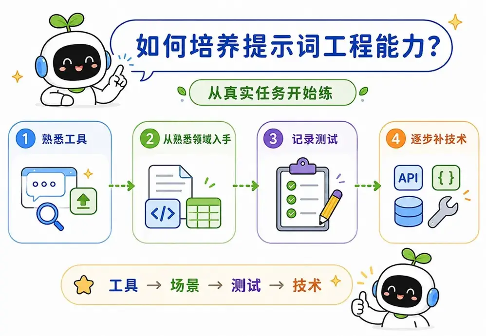 培养提示词工程能力的四个步骤：熟悉工具、从熟悉领域入手、记录测试、最后逐步补充技术