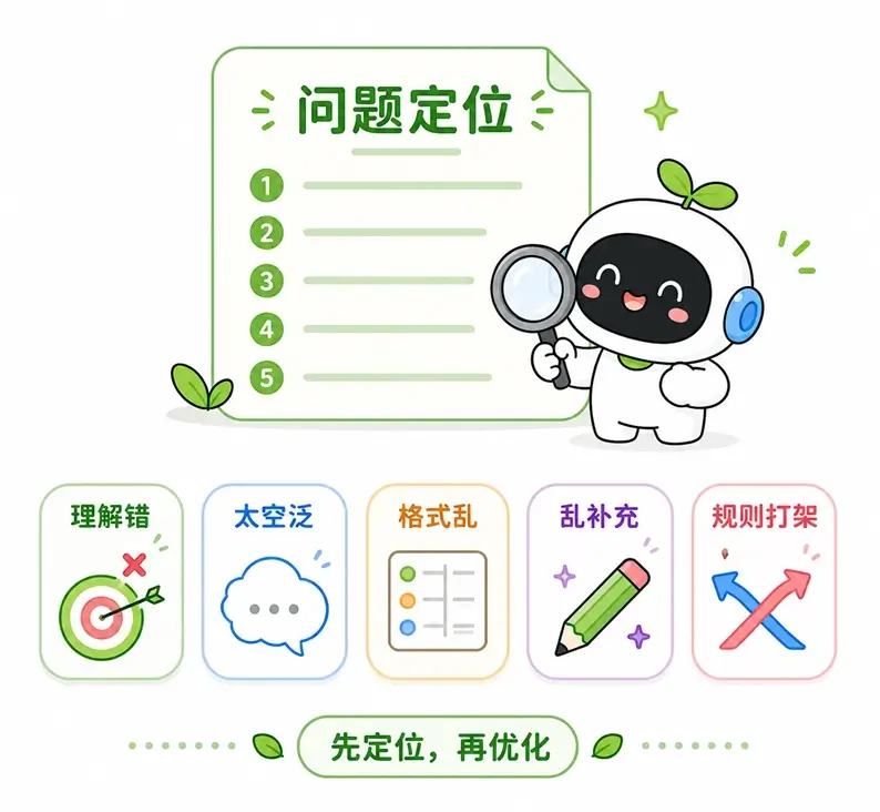 优化前的关键步骤：精准定位 AI 存在的理解错误、内容空泛、格式混乱或擅自脑补等具体问题。