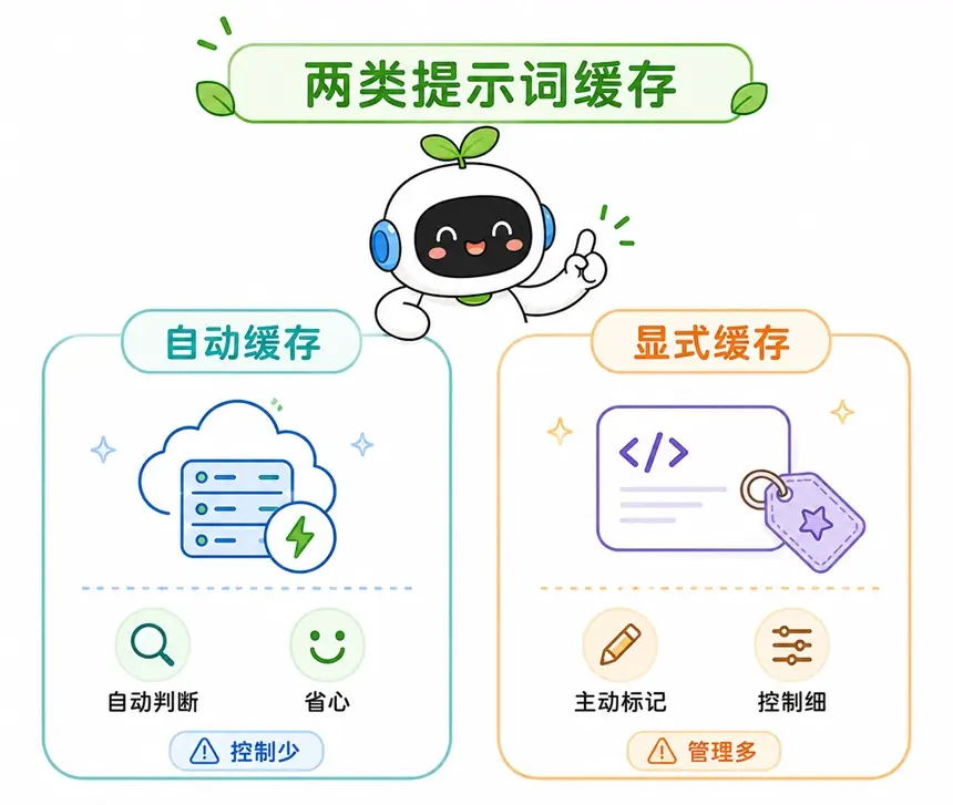 大模型提示词自动缓存(系统自动判断)与显式缓存(开发者主动标记)的控制方式对比。