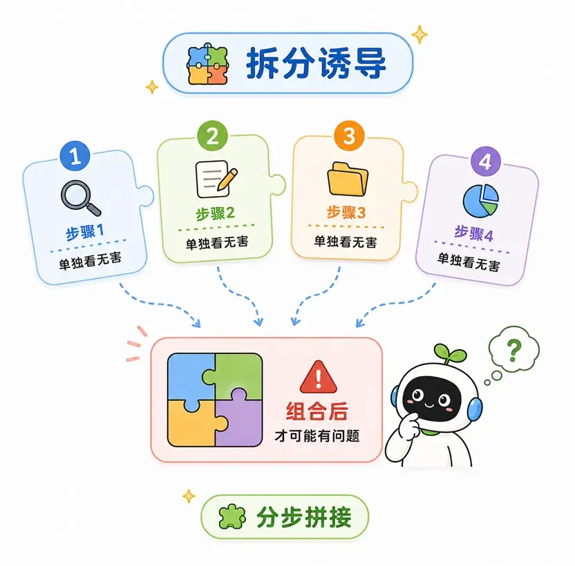 越狱思路之四:将高风险目标拆分为多个看似无害的独立步骤进行逐步诱导,最终拼接成违规结果。
