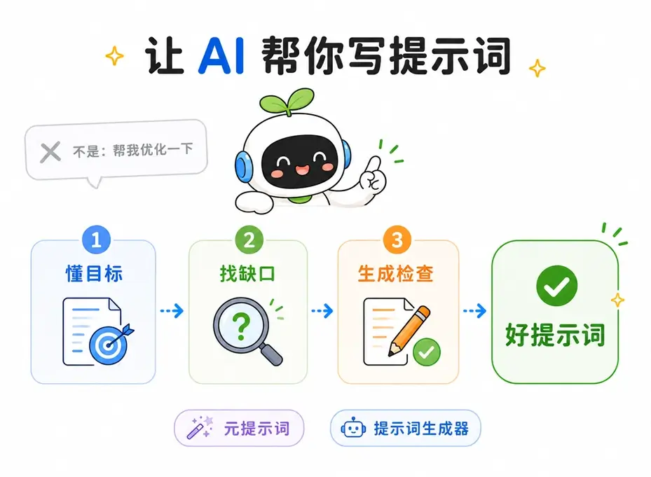 让 AI 辅助编写提示词的正确流程:懂目标、找缺口、生成与检查,最终获得高质量提示词。