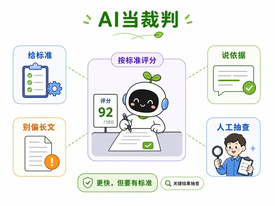 使用大模型充当裁判的评测方法:需提供明确评分标准并要求说明扣分依据,同时建议人工抽查辅助复核。