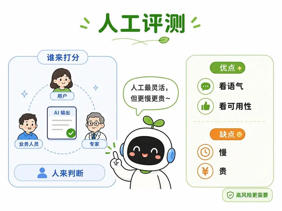 人工评测的优缺点:灵活性高、能判断语气逻辑,但速度慢且成本高,适用于高风险或强专业任务。