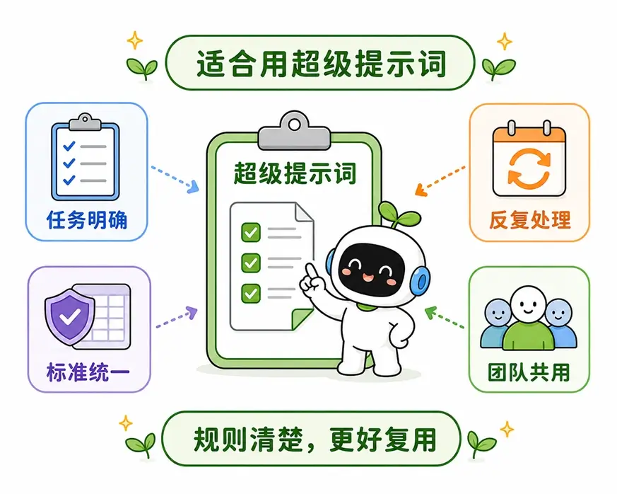 适合使用超级提示词的四种常见场景:任务明确、标准统一、反复处理和团队共用