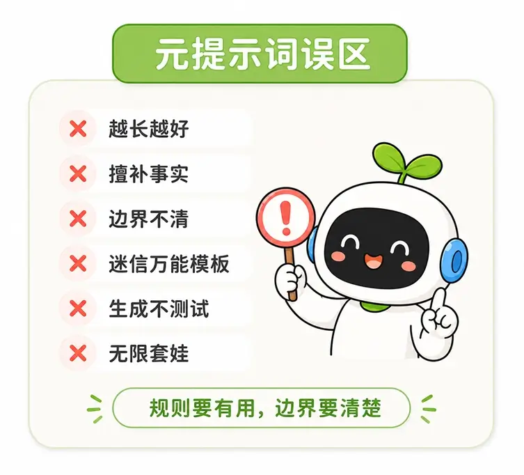 使用元提示词的常见误区:包括认为越长越好、让 AI 擅自补充事实、边界不清以及迷信万能模板等。