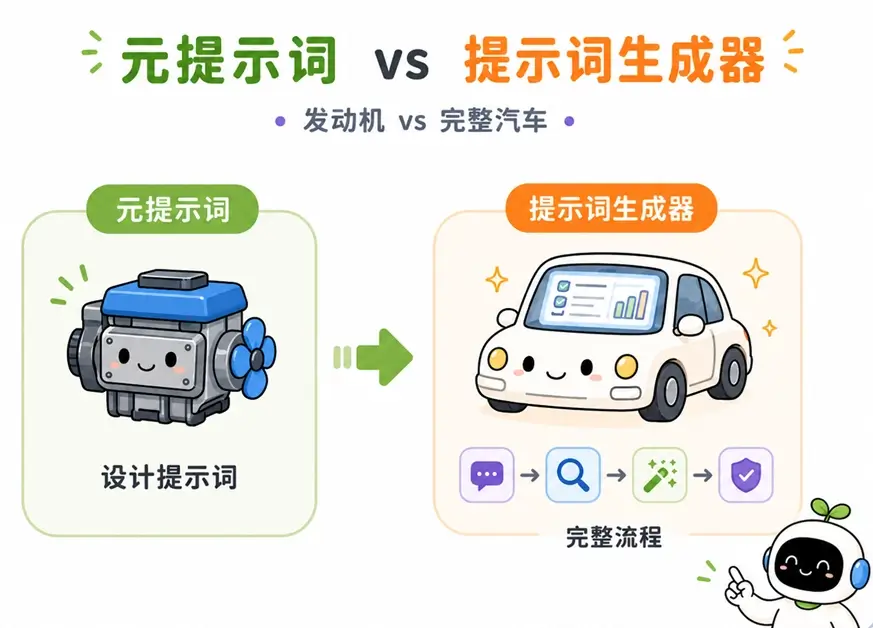 元提示词与提示词生成器的区别:前者像设计提示词的发动机,后者像包含完整工作流的汽车。